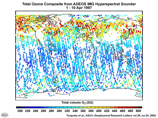 Global composite of total column ozone from the ADEOS IMG hyperspectral sounder for 1-10 April 1997.