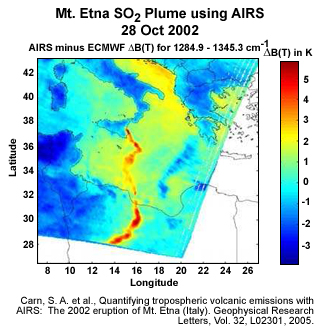 Volcanic SO2 plume from Mount Etna, Sicily eruption as seen with Aqua AIRS sounder on 28 October 2002.