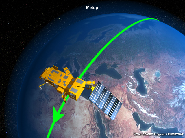 Artists rendering of Metop satellite above Earth.