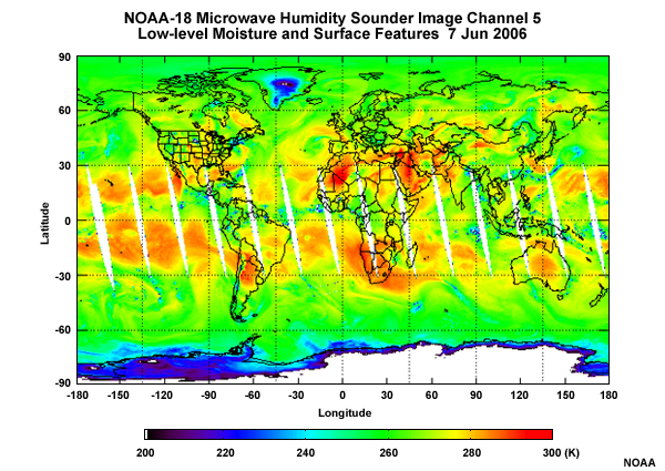 NOAA-18 Microwave Humidity Sounder (MHS) Channel 5 global composite showing low-level moisture and surface features.