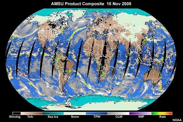 Microwave product composite generated using NOAA AMSU data taken on 10 November 2005.