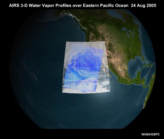 Three dimensional volume of water vapor over the eastern Pacific Ocean retrieved with the AIRS sounder on board the EOS Aqua polar-orbiting spacecraft.