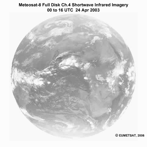24 hour animation of full earth disk Meteosat-8 shortwave infrared imagery