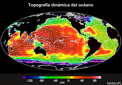 Mapa mundial de la topografía dinámica del océano elaborado a partir de datos del satélite altimétrico TOPEX/Poseidon