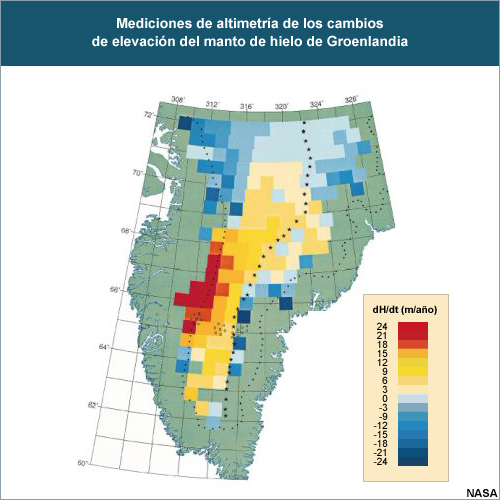 Mapa del sur de la Groenlandia con mediciones de altimetría de los cambios en la elevación de la superficie entre 1978 y 1988