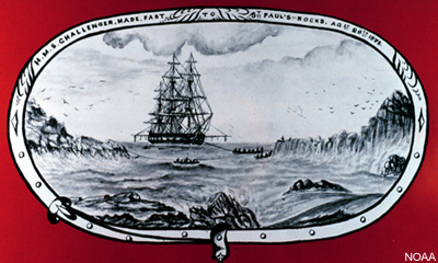 Dibujo del H. M. S. CHALLENGER en las Rocas de San Pablo, 28 de agosto de 1873
