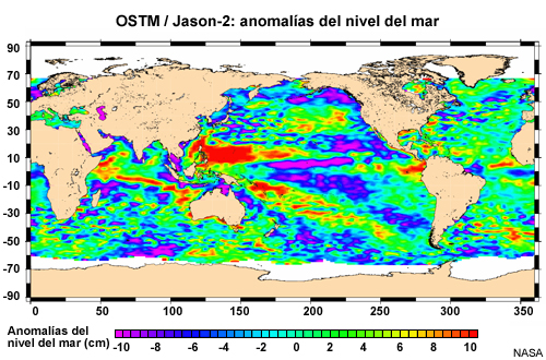 Mapa mundial de anomalías del nivel del mar derivado a partir de datos de altimetría de OSTM/Jason-2