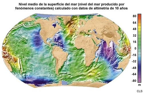 Nivel medio de la superficie del mar, que representa el nivel del mar producido por fenómenos constantes, calculado a partir de los datos de altimetría recopilados durante 10 años
