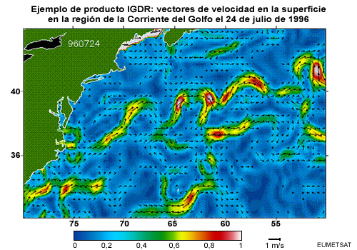Ejemplo del producto IGDR que muestra vectores de velocidad en la superficie en la región de la Corriente del Golfo el 24 de julio de 1996