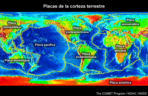 Mapa mundial con identificación de las principales placas tectónicas