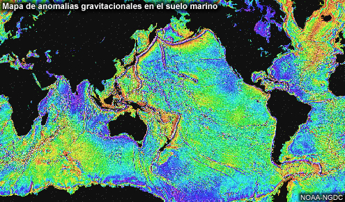 Mapa de anomalías gravitacionales en el suelo marino derivado a partir de datos de Seasat
