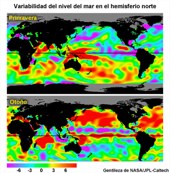 Mapas elaborados a partir de datos de altimetría que muestran la variabilidad del nivel del mar en el océano Pacífico durante la primavera y otoño del hemisferio norte