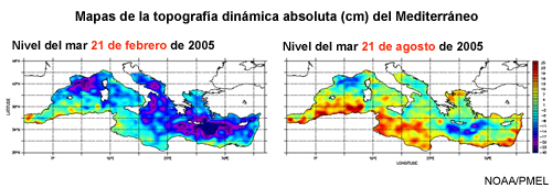 Mapas de la diferencia del nivel del mar en el Mediterráneo el 21 de febrero y el 21 de agosto de 2005