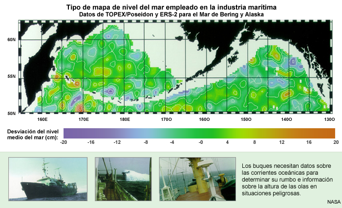 Mapa de nivel del mar empleado en la industria marítima y fotos de buques en alta mar que necesitan información sobre la altura de las olas y otra información que se puede obtener mediante la altimetría satelital