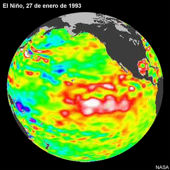 Mapa de un episodio de El Niño en el océano Pacífico creado a partir de datos de altimetría, 27 de enero de 1993