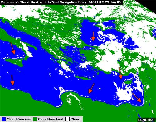 Cloud mask example with 4-pixel navigation error