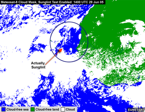 Same area as previous image showing the detection of sunglint by the Meteosat filters