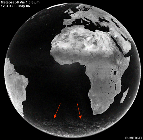 Meteosat Full Disc Image with arrows depicting the feature in the South Pole region