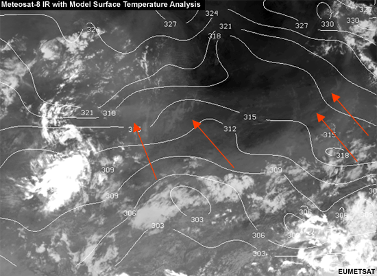 Meterosat IR with Model Surface Temp. Analysis