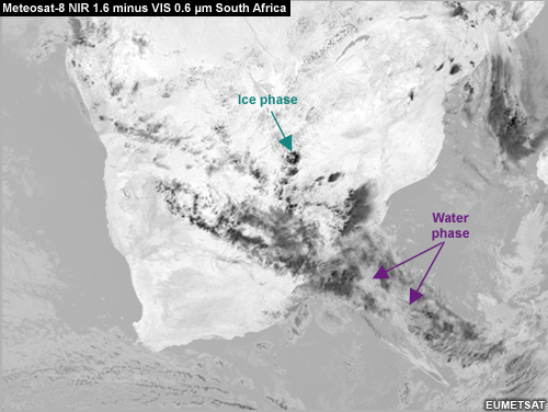 Meteosat Near IR 1.6 micrometre minus VIS 0.6 micrometre over S. Africa