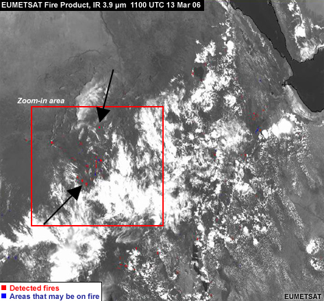 Meteosat Fire Product highlighting an area with numerous fires burning