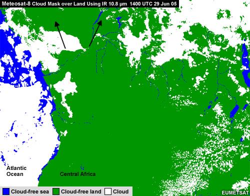 Meteosat IR Cloud Mask with arrows noting same location as previous image