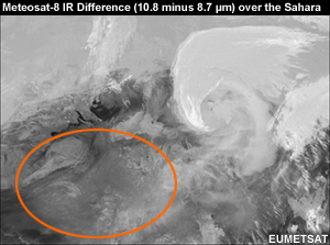 Meteosat IR Difference (10.8 minus 8.7 micrometre) over the Sahara