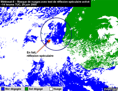 Même zone que sur l’image précédente, montrant l’effet de la détection de la réflexion spéculaire par les filtres de Météosat