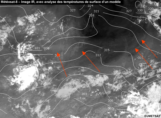 Image IR de Météosat, avec analyse des températures de surface d’un modèle
