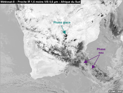 Produit « proche IR 1,6 μm moins VIS 0,6 μm » de Météosat, au-dessus de l’Afrique du Sud