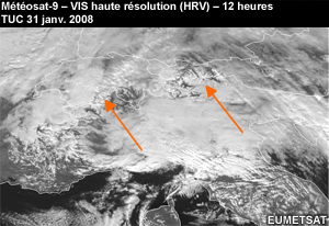 Image à haute résolution dans le visible de Météosat, avec éléments mis en évidence, mais masqués par les nuages
