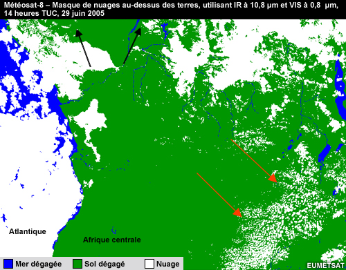 Masque de nuages Météosat-8 au-dessus des terres, utilisant les canaux IR 10,8 μm et VIS 0,8 μm