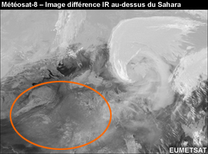 Image différence IR [10,8 μm moins 8,7 μm)] au-dessus du Sahara