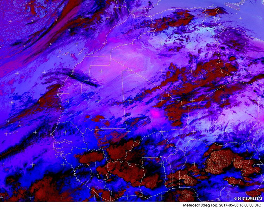 EUMETSAT night microphysics RGB over Africa, 1200 - 0300 UTC 03 - 04 May 2017
