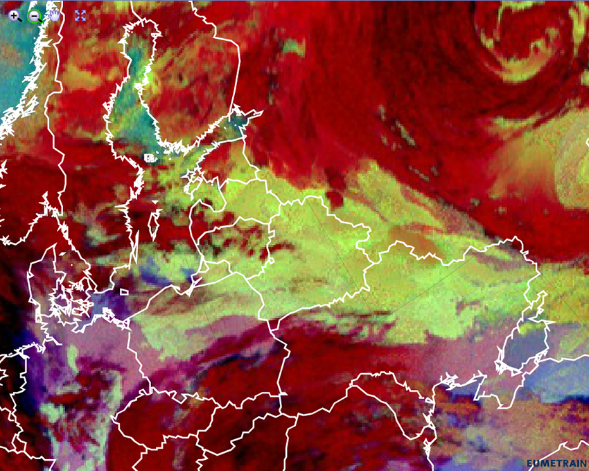 RGB microphysiques de nuit EUMETSAT sur l’Europe, 0000 UTC 10 janvier 2016
