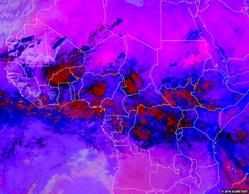 RGB microphysiques de nuit EUMETSAT sur l’Afrique, 0600 UTC 15 juin 2016