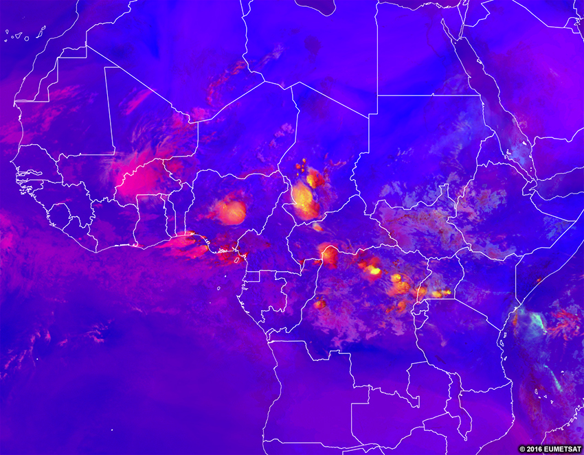 RGB convection sévère EUMETSAT sur l’Afrique, 0600 UTC 15 juin 2016