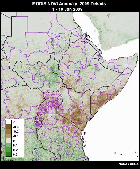 MODIS NDVI anomalies in Kenya, 01 Jan 2009 to 03 January 2010