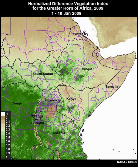 NDVI in Kenya, 01 Jan 2009 to 03 January 2010