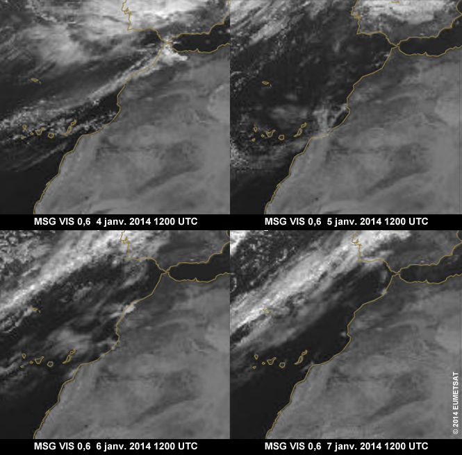 4 MSG vis 0.6 micrometer images from midday on jan 4, 5, 6, 7 showing coastal Morocco