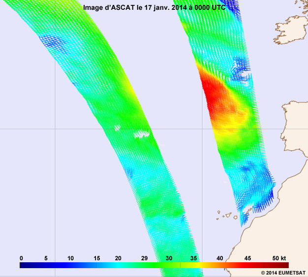 ASCAT image over the Atlantic Ocean 17 Jan 2014 at 0000 UTC