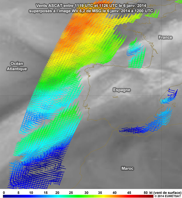 ASCAT Wind Between 1119 UTC and 1126 UTC on 6 Jan 2014
with MSG WV 6.2 on 6 Jan 2014 at 1200 UTC
