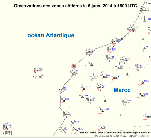 Coastal surface obs off Morocco 6 Jan 2014 at 1800 UTC