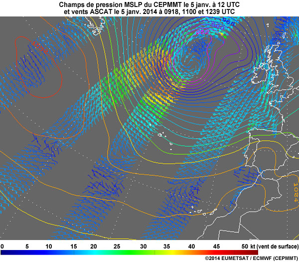 ECMWF MSLP 5 Jan 12 UTC and ASCAT Winds 5 Jan 2014 at 0918, 1100, and 1239 UTC