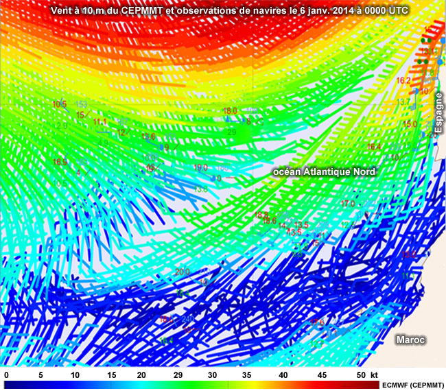 ECMWF 10 m Wind With Ship Observations for 6 Jan 2014 0000 UTC