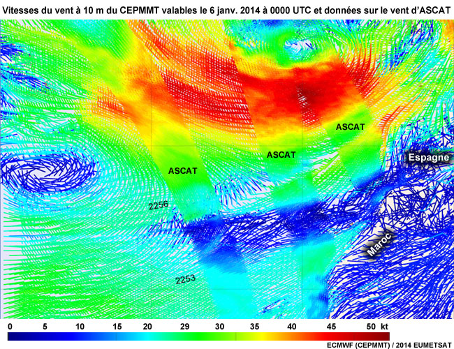 ECMWF 10 m Wind Speed Valid for 6 Jan 2014 0000 UTC and ASCAT Wind Data
