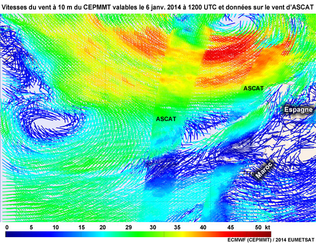 ECMWF 10 m Wind Speed Valid for 6 Jan 2014 1200 UTC and ASCAT Wind Data