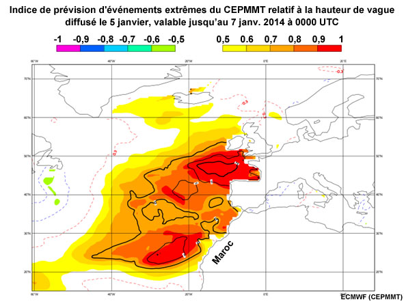 ECMWF Extreme Forecast Index Issued on 5 January Valid Until 7 Jan 2014 at 0000 UTC