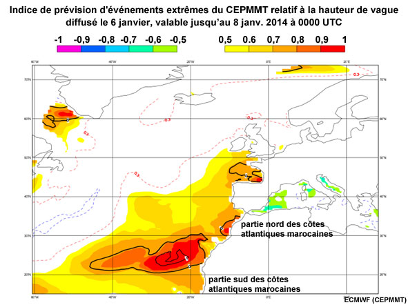 ECMWF Extreme Forecast Index Issued on 6 January Valid Until 8 Jan 2014 at 0000 UTC