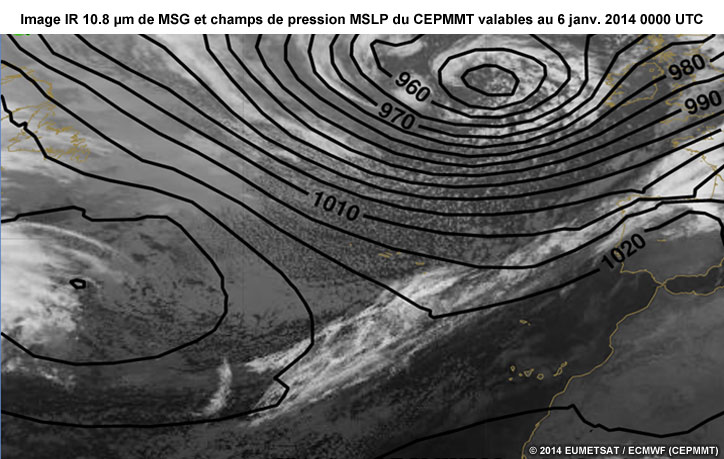 MSG IR 10.8 µm and ECMWF MSLP Valid for 6 Jan 2014 1200 UTC